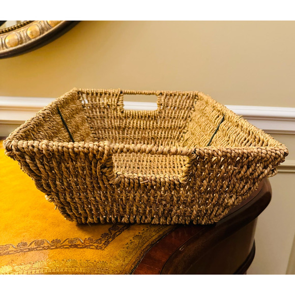 Large Rope Wicker Rectangular Basket with Handles Storage Organize Boho - Picture 2 of 6